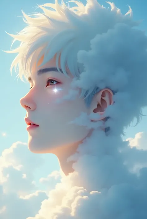 anime art, Create a surreal portrait of a young mans face look at the front view,  formed entirely from clouds. His features should be delicate and ethereal, yet clearly defined. The clouds forming his visage should have a mix of soft, wispy textures and m...