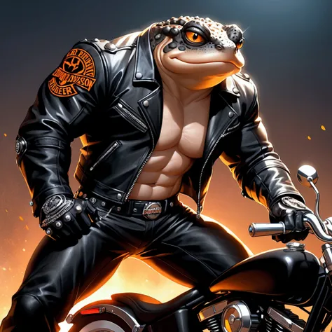 An extremely badass anthropomorphic buff, muscular toad mid-action, wearing an insanely cool black leather Harley Davidson biker jacket, biker shirt, black leather biker gloves, black leather biker pants, dynamic pose, closeup, bad to the bone, with a digi...