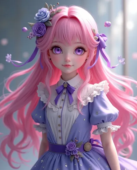 Long pink hair ，Clear purple eyes ，A young girl in a cute costume