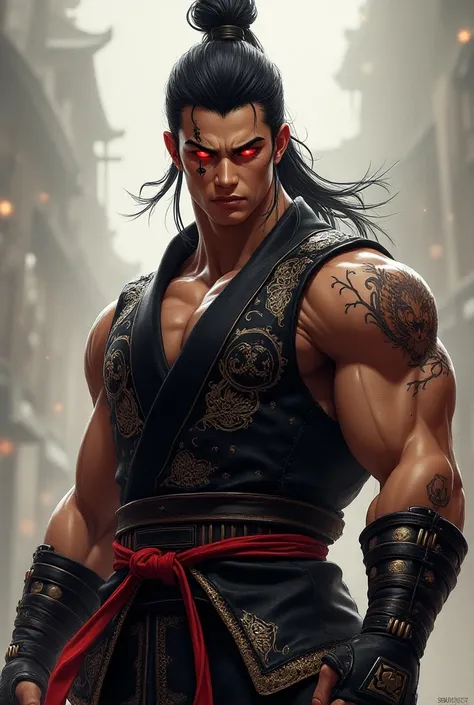 {{{(solo, full body photo:1.3), (action packed:1.3),red generously eyes details,handsome perfect face details,men looking a perfect viewer with incarite samurai armour equipment suit,drawing style from capcom with persona 5 altus,perfect body builder detai...