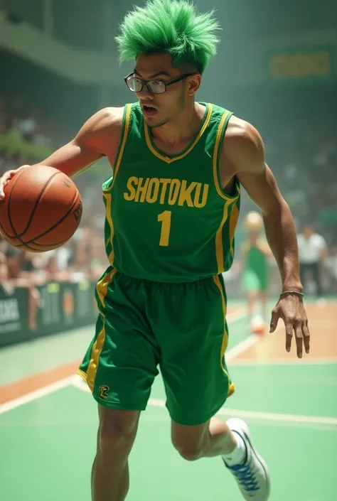 a man wearing glasses from Indonesia, green hair, wearing a green basketball uniform that says "shotoku", throwing, jumping, on the basketball court, full body, ultra HD 32k, realistic, dynamic