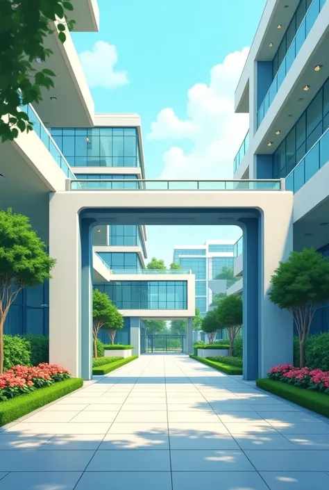 An inside of a office campus, with an entrance gate near a building office ,a nearby garden in vector illustration 