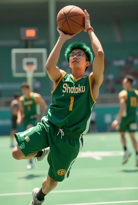 a man wearing glasses from Indonesia, green hair, wearing a green basketball uniform that says "shotoku", throwing, jumping, on the basketball court, full body, ultra HD 32k, realistic, dynamic