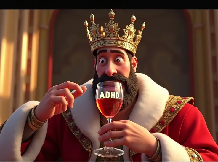 A glamorous king with a beautiful crown is drinking a glass and the word ADHD is written on the glass, animation, cinema