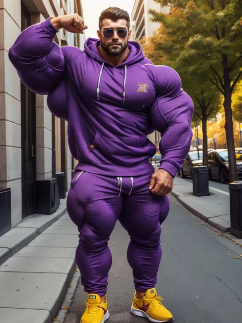 a very handsome, muscular man, sunglasses, massively muscular, massively large muscles, massively large biceps, massively large arms, massively large chest, wearing a purple sweatshirt with long sleeves, standing sideways on a sidewalk, close portrait