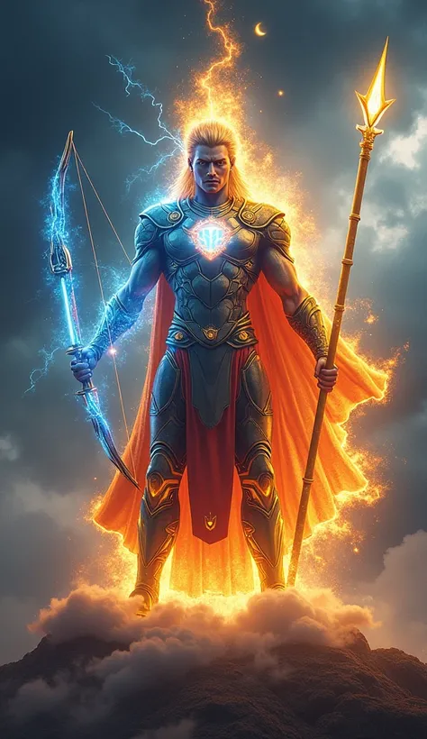 A vibrant superhero standing tall against a stormy sky, radiating divine energy. His armor glows with celestial symbols (inspired by Arjuna’s courage and Karna’s generosity). In one hand, he holds a glowing bow with lightning arrows, while the other hand w...