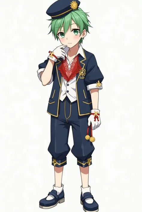 A quiet anime young man in high school with sharp green eyes represents green hair , Fair skin and wearing all the fancy blue, yellow and white clothes are the luxury of Idol, which consists of an indigo jacket that looks like a long waist tuxedo jacket wi...