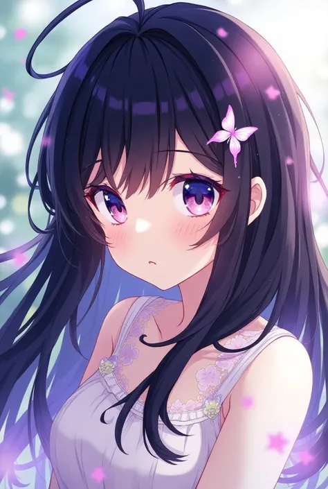  Kimitsu Noyaba anime is a girl with long black hair and shiny purple eyes. She is  and has a butterfly clip on her hair .High resolution, 