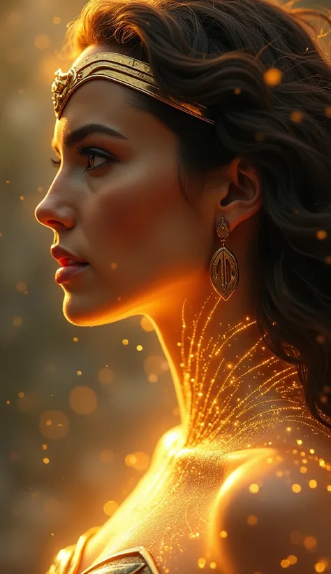 Render wonder woman’s side profile with delicate golden glowing lines outlining his features, incorporating depth and a dreamy effect.