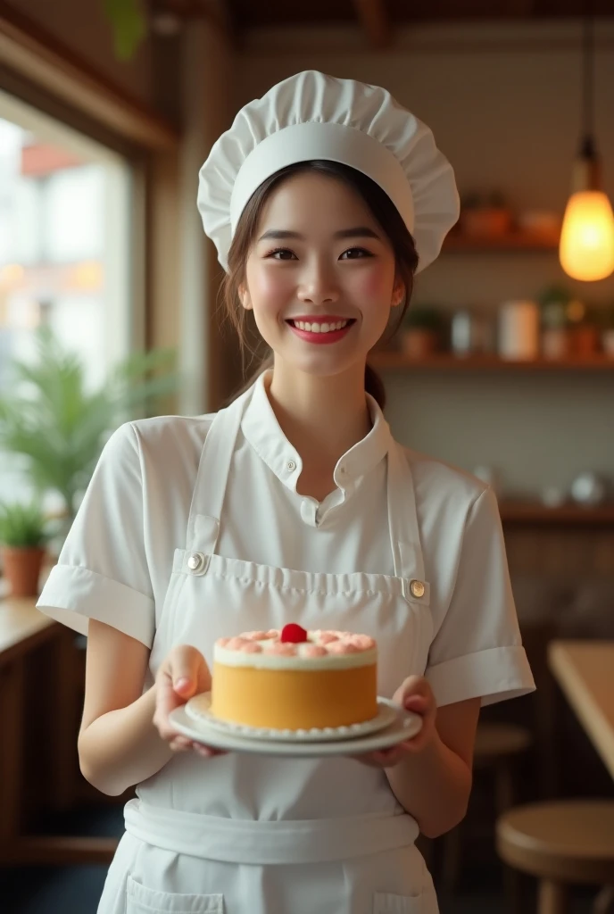 (photorealism:1.2), beautiful woman wearing an 
Apron with chef hat facing the camera holding a cake. While inside a cafe with few plants, incandescent bulb and near window