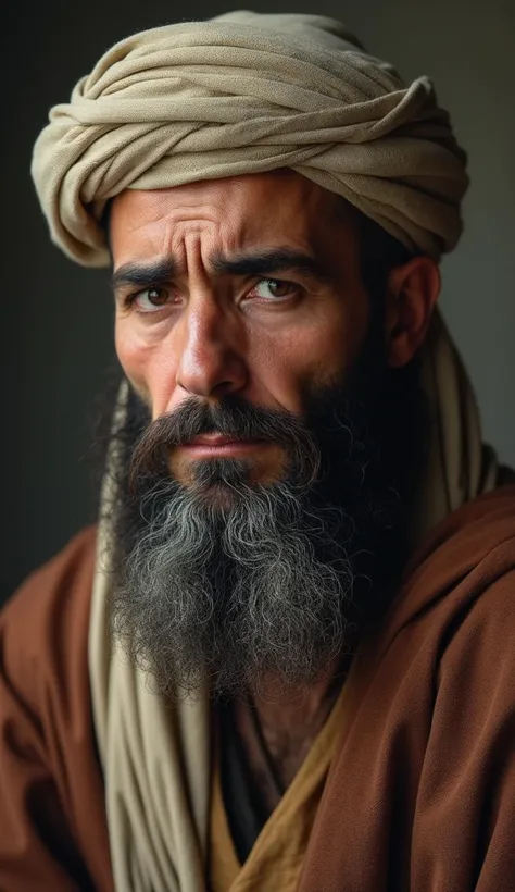  a fourteenth-century muslim with a sad and shocked face, wearing a turban and muslim clothes 