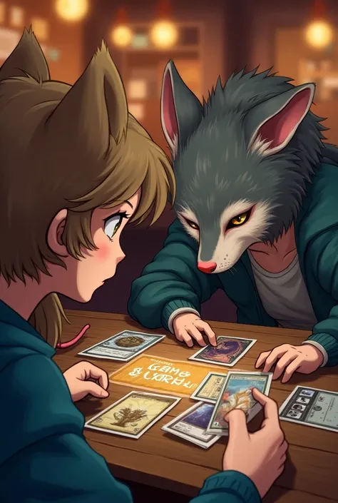 A (detailed illustration) of a girl with (rat tail and ears), intensely focused while playing a game of Magic the gatering against a boy with a (wolf head), who appears equally engaged in a pub. (Vibrant colors) enhance the characters playful expressions i...