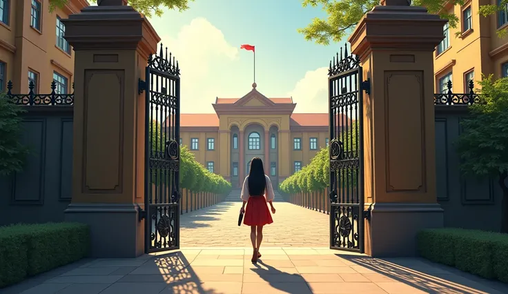 A city school, with Radhika walking through the gates, looking in awe at the large building.