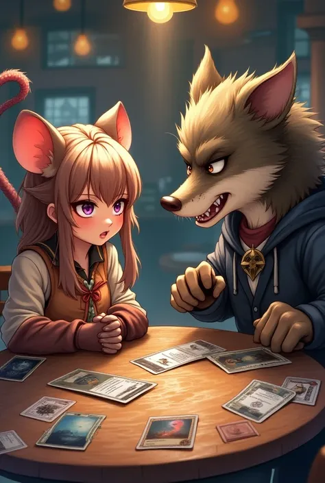 A (detailed illustration) of a girl with (rat tail and ears), intensely focused while playing a game of Magic the gatering against a boy with a (wolf head and hand), who appears equally engaged in a pub with card in their hands. (Vibrant colors) enhance th...