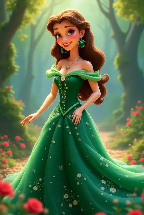 Générer une image de la princesse Belle dans une robe verte avec un style Disney Pixar. Elle est joyeuse. 