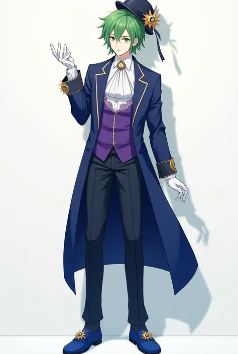 A quiet anime young man in high school with green eyes with sharp lights represents green hair , Fair skin and wearing all the fancy blue, yellow and white clothes are the luxury of Idol, which consists of an indigo jacket that looks like a long waist tuxe...