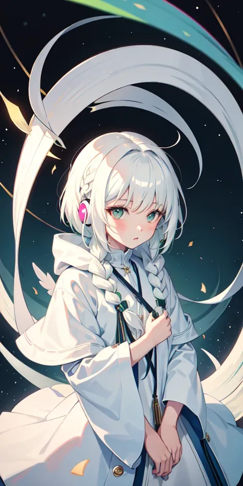 1 girl, short hair, white hair, in headphones, smock
2 girl, green hair, with two braids, hugs 