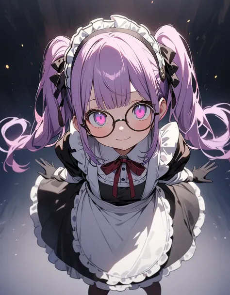 Long purple hair , Wearing maid uniform, round glasses, Cute 2D, Background Backlight HD 、( 、masterpiece、 High Resolution 、detailed)、animeスタイル、 flat style 、(Shining Eyes、detailed美しい顔), 1 girl、extremely detailed、(The Shining),  Best Lighting,  Best Shadow、H...