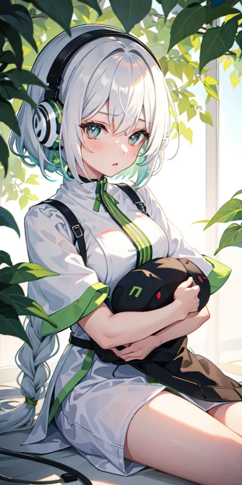 1 girl, short hair, white hair, in headphones, толстовка
1 girl, green hair, with two braids, hugs 