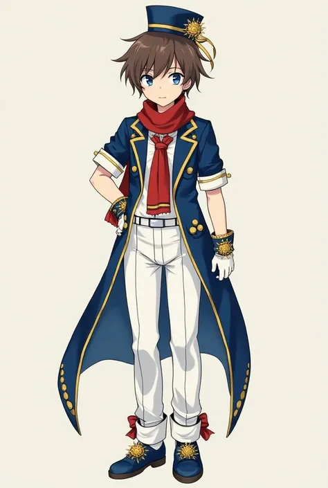 A funny and quiet anime young man in high school with sharp blue eyes represents short brown hair ,  fair skin and wears all the fancy blue, yellow and white clothes. He is represented in an indigo jacket that looks like a long tuxedo jacket with short sle...