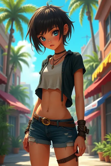 mid teen girl, tomboyish short dark brown hair with fringe, blue eyes, torn punk t-shirt, bare midriff, hot pants shorts, barefoot, photorealistic, tropic city background