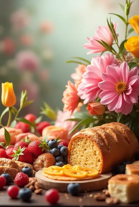 (photorealism:1.2), beautiful flowers, and food 
