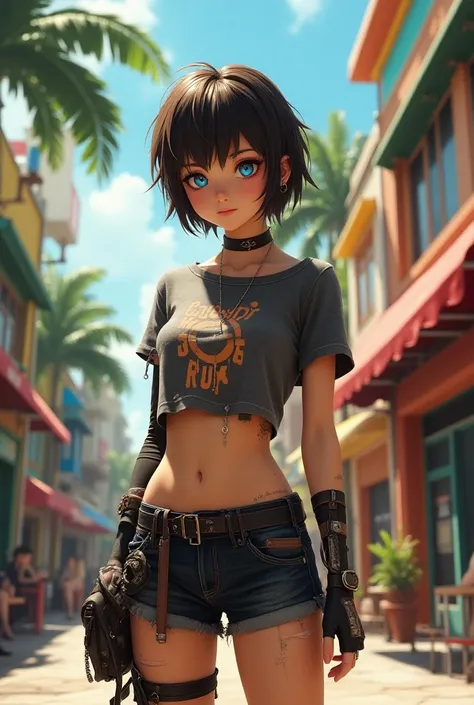 mid teen girl, tomboyish short dark brown hair with fringe, blue eyes, torn punk t-shirt, bare midriff, hot pants shorts, barefoot, photorealistic, tropic city background