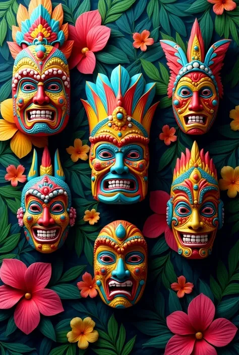 Generate a lot of hawai tribal face masks mixed colourful wallpaper with leaves also in it