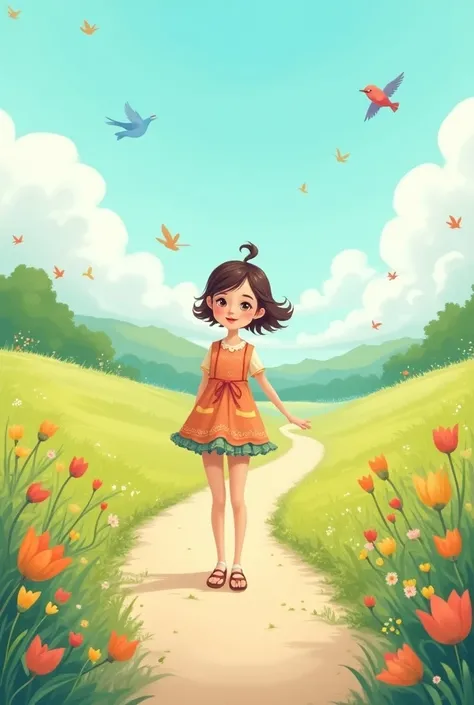 As she walked along the road she saw many flowers and heard the chirping of birds cartoon s small