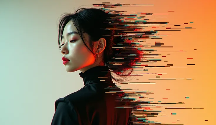 An artistic, contemporary fashion photoshoot inspired by Leslie Zhang, featuring an Asian female model in avant-garde designer clothing. Her poised, serene expression and bold, sculptural garments are completely consumed by extreme digital chaos. Her body ...