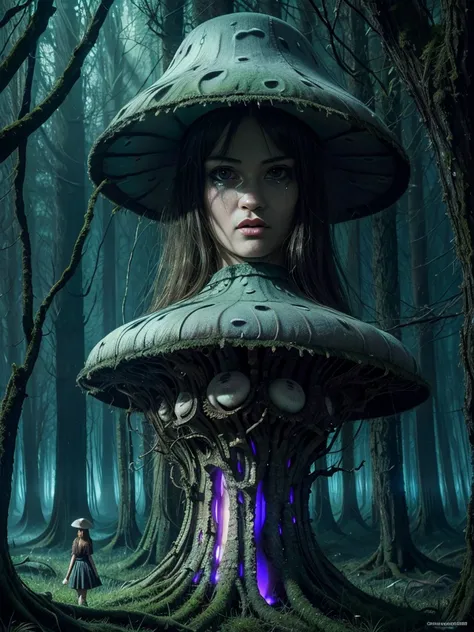 [by junji ito], dark horrorscape, [detailed shadows], [veins], (bioluminescent mushroom forest), 1girl, gigantic cosmic eyes, st...