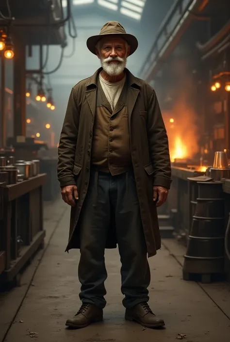 old man, macular, good looking, wearing dirty white Henley, brown cotton waist coat, dark brown jacket, blue jeans, worker style, rugged clothes, white mustache, working hat, inside glass factory, standing on the floor, leather old shoes, 