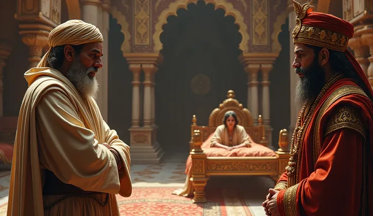 Hyper realistic image inside the palace. Ancient Indian pundit talking with King. His commander watching this. Ancient Indian Hindu Queen resting on bed in background. 