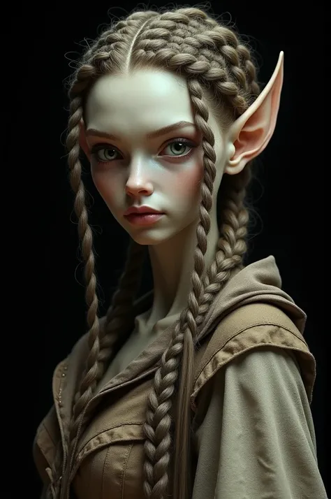 Photorealistic alien woman with braided hair and old clothes with normal ears and overhead lighting on a black background 