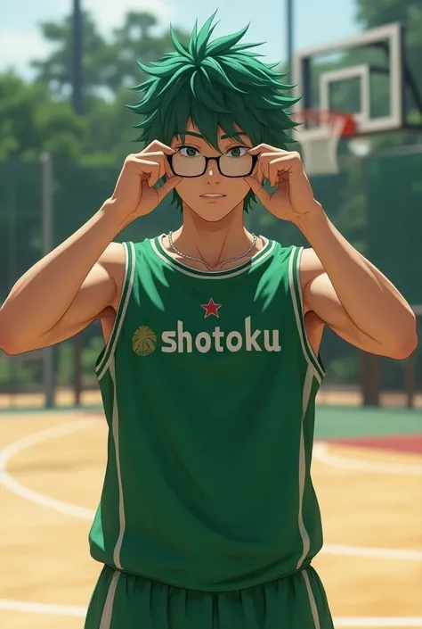 a man wearing glasses from Indonesia, short green hair, wearing a green basketball uniform that says "shotoku", posing while adjusting his glasses, on the basketball court, full body, ultra HD 32k, realistic, dynamic