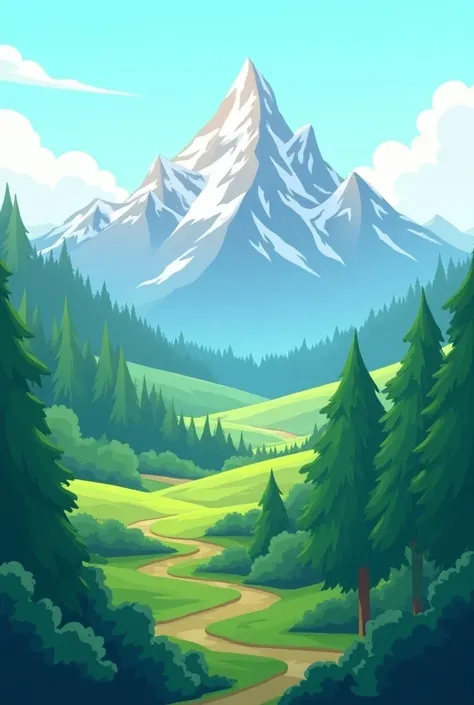 Cartoonic image of land between forests and mountain with green surrounding 

