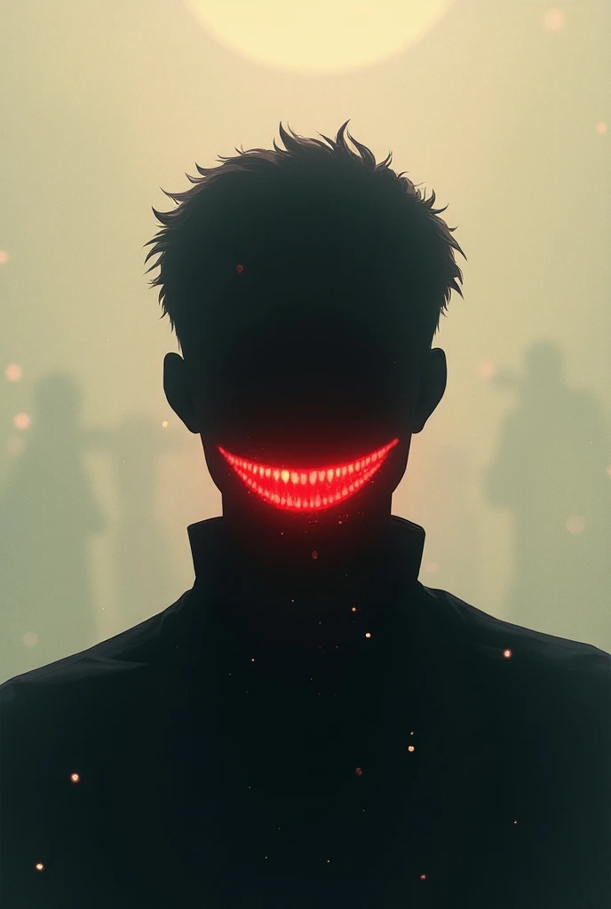 The silhouette is shaped like a man with a red smile floating in front of him. Anime style