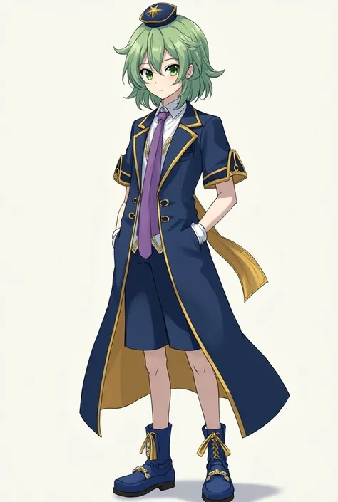 A quiet anime young man in high school with sharp green eyes represents medium-length green hair with highlights , Fair skin and wearing all the fancy blue, yellow and white clothes are the luxury of Idol, which consists of an indigo jacket that looks like...