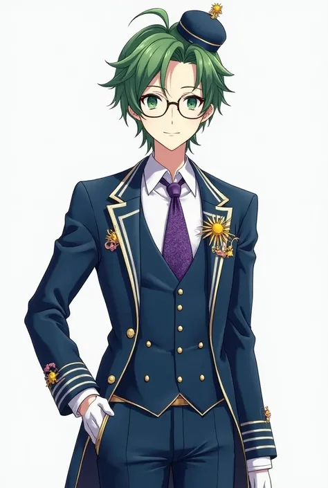 A quiet anime young man in high school with sharp green eyes and wearing glasses. He represents medium-length green hair with freshness , Fair skin and wearing all the fancy blue, yellow and white clothes are the luxury of Idol, which consists of an indigo...