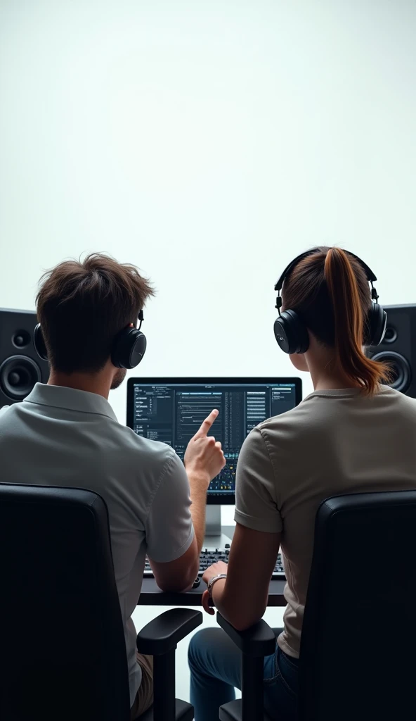 super realistic 4K photo of two people, one male and one female in earphones from the back side who are sitting in professional sound design studio in front of mixer and monitor. one person is showing another something on monitor. all the room is a lot of ...