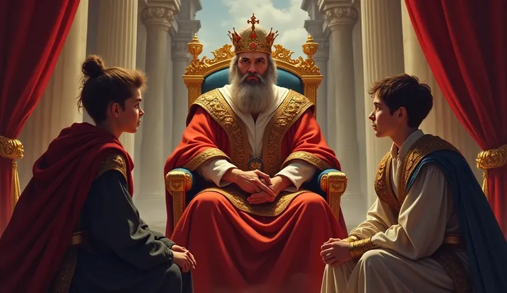 A wise king is seen advising his three sons, seated before him in a royal setting. The king is dressed in rich, regal robes with a crown, sitting on an ornate throne. His expression is thoughtful and serious, while his three sons sit attentively, dressed i...