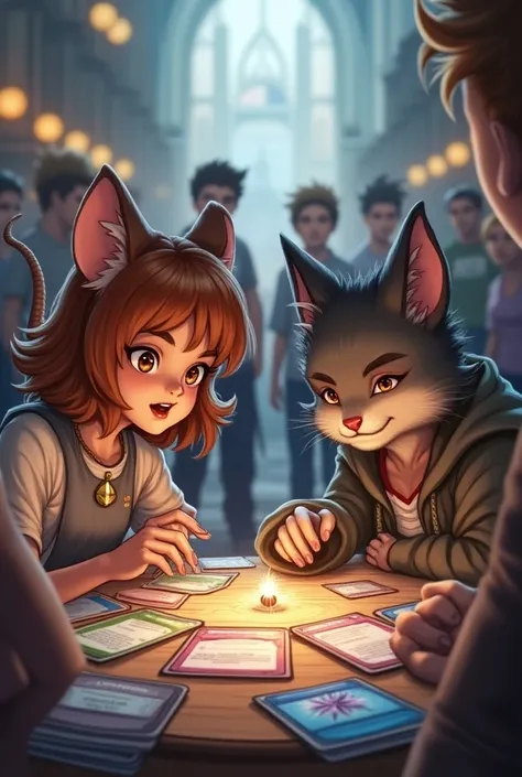 A (detailed illustration) of a girl with (rat tail and ears), intensely focused while playing Magic the gatering against a boy with a (wolf head and hands), who appears equally engaged. (Vibrant colors) enhance the characters playful expressions in a livel...