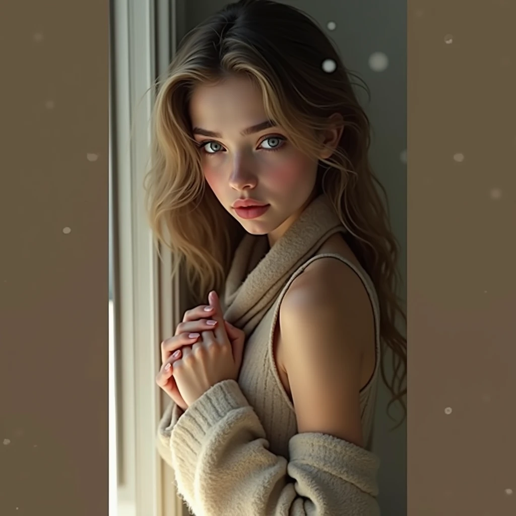 Light gold wavy hair, Bluish eyes, Petite Girls, Beautiful girl even without makeup, Pale red cheeks,Wrap an earth-colored scarf around your neck, Winter clothing with a stand-up collar, He exhales coldly, white sighs, Look up at the viewer, ((Grabbing the...