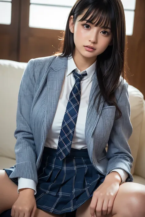 (8k, RAW Photos,Best Quality,  High Resolution :1.1), (超Realisticな:1.4),(Realistic, Realistic:1.3),Japanese beauty 1 girl, Alone, necktie, spread legs, skirt, sitting, school uniform, looking at viewer,  plaid, presenting, brown eyes, jacket, socks, stripe...