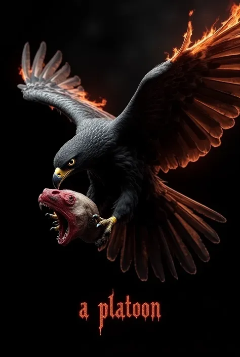  a black falcon on fire and with the head of a Pitbull in its mouth with a black background written " A platoon "