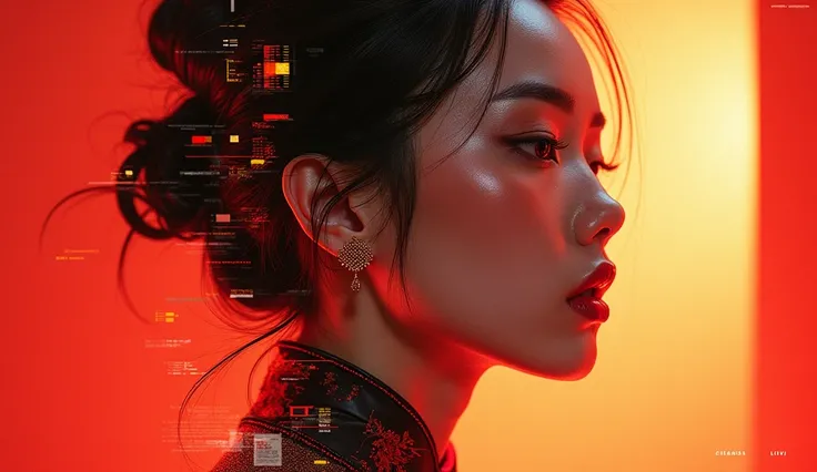 An artistic, contemporary fashion photoshoot inspired by Leslie Zhang, featuring an Asian female model in avant-garde designer clothing. Her poised, serene expression and futuristic hairstyle, subtly influenced by traditional Chinese beauty, are violently ...