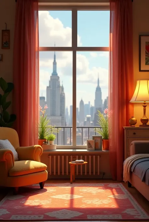 A small apartment room view, 3D Pixar style 