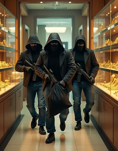  4 robbers wearing black face masks,wearing black shoes,blue jeans trousers , holding a gun ,holding a black bag ,walk inside the gold jewelry building , inside the glass cabinet there is gold jewelry  , gold jewelry store room background,realistic image,H...