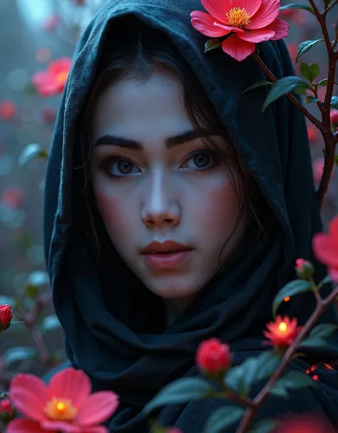 a close up of a woman with a hood on her head, dark but detailed digital art, cute face. dark fantasy fullcolour flowers art, beautiful intricate face, a stunning portrait of a goddess sparkling and lumiens neon light, fantasy woman, detailed matte fantasy...