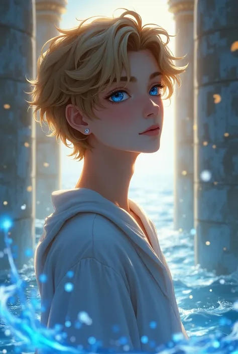  Japanese anime style、、Beautiful boy with short caramel-colored hair 、青色にLightる宝石のような深い青色の瞳に長いまつ毛の美juvenile、white ancient greek clothes、Trojan、The magic of handling water and wind 、Ancient temple、Highest quality、Mysterious、Mythical、 fantastic、Beautiful 、ju...